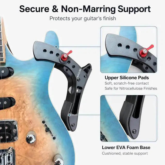 Alt view image 4 of 7 - Electric Guitar Leg Rest, Aluminum Adjustable Ergonomic Support | Tool-free height and width adjustment fits 40-55 mm guitars; silicone and EVA pads protect contact points during seated play