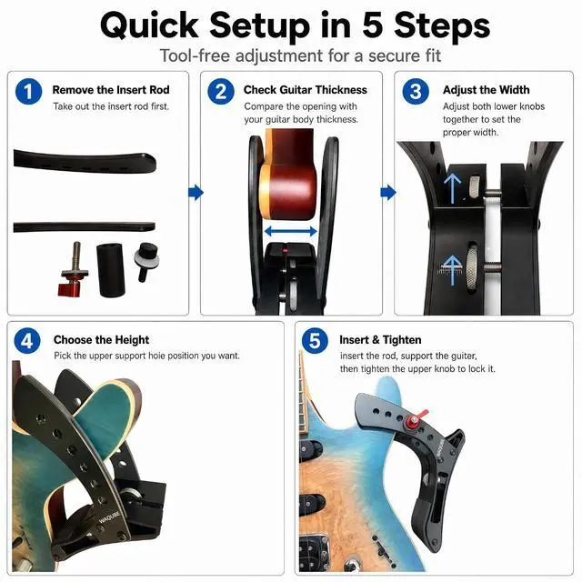 Alt view image 6 of 7 - Electric Guitar Leg Rest, Aluminum Adjustable Ergonomic Support | Tool-free height and width adjustment fits 40-55 mm guitars; silicone and EVA pads protect contact points during seated play