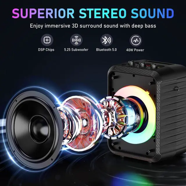 Alt view image 2 of 7 - Karaoke Machine, Portable Bluetooth Speaker with 2 Wireless Microphones, RGB Lights, Echo, 40W 5.25" Woofer, Rechargeable, AUX/USB/TF, Mic In, for Adults & Kids, Home Party & Outdoor&Church(Black)