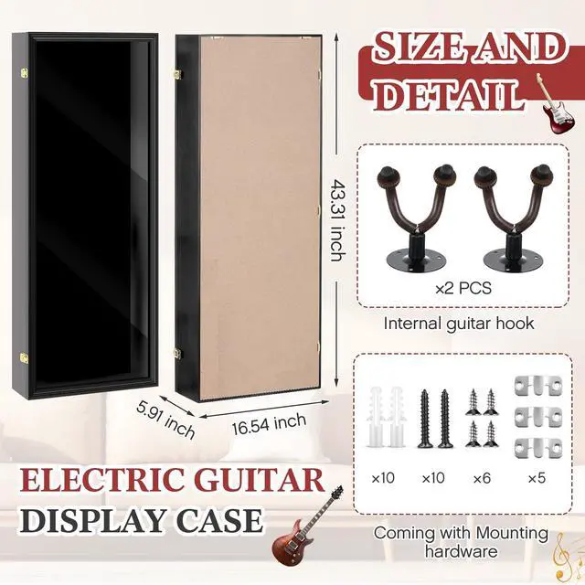 Alt view image 2 of 6 - Electric/Acoustic Guitar Display Case Wall Mount Guitar Case Cabinet Shadow Box with Hanger Stand and Lock 98% UV Protection Acrylic Clear Door for Musician Collection(Black,44'')