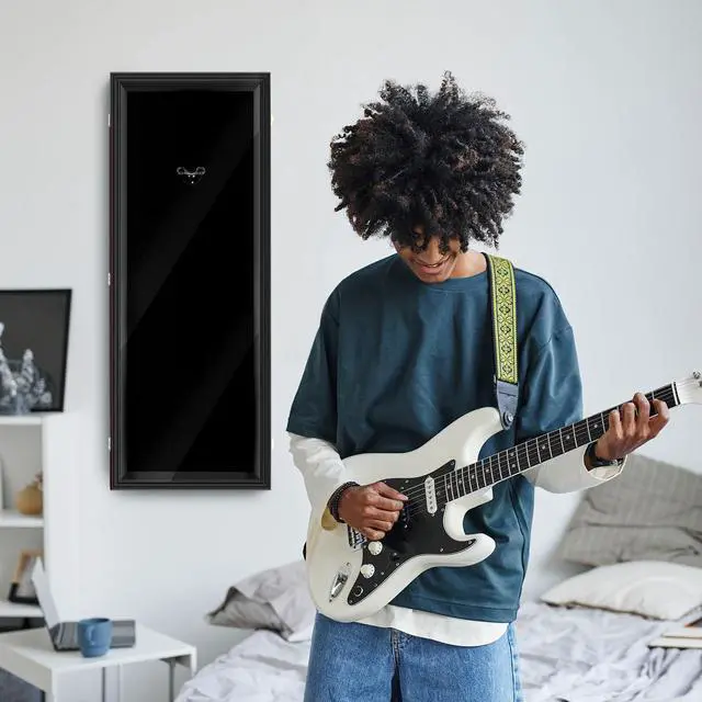 Alt view image 4 of 6 - Electric/Acoustic Guitar Display Case Wall Mount Guitar Case Cabinet Shadow Box with Hanger Stand and Lock 98% UV Protection Acrylic Clear Door for Musician Collection(Black,44'')