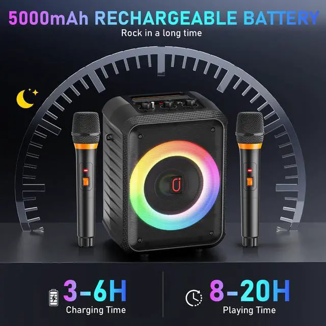Alt view image 3 of 7 - Karaoke Machine, Portable Bluetooth Speaker with 2 Wireless Microphones, RGB Lights, Echo, 40W 5.25" Woofer, Rechargeable, AUX/USB/TF, Mic In, for Adults & Kids, Home Party & Outdoor&Church(Black)