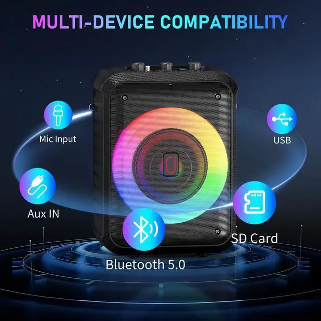 Alt view image 4 of 7 - Karaoke Machine, Portable Bluetooth Speaker with 2 Wireless Microphones, RGB Lights, Echo, 40W 5.25" Woofer, Rechargeable, AUX/USB/TF, Mic In, for Adults & Kids, Home Party & Outdoor&Church(Black)