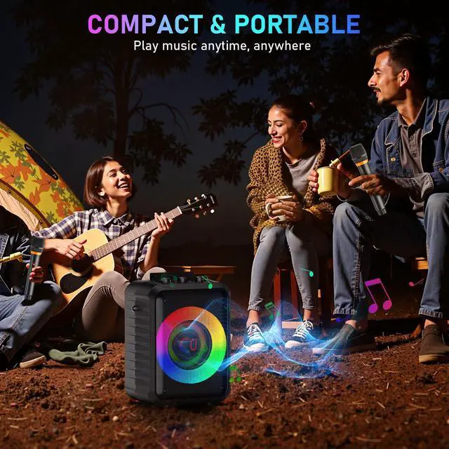 Alt view image 7 of 7 - Karaoke Machine, Portable Bluetooth Speaker with 2 Wireless Microphones, RGB Lights, Echo, 40W 5.25" Woofer, Rechargeable, AUX/USB/TF, Mic In, for Adults & Kids, Home Party & Outdoor&Church(Black)