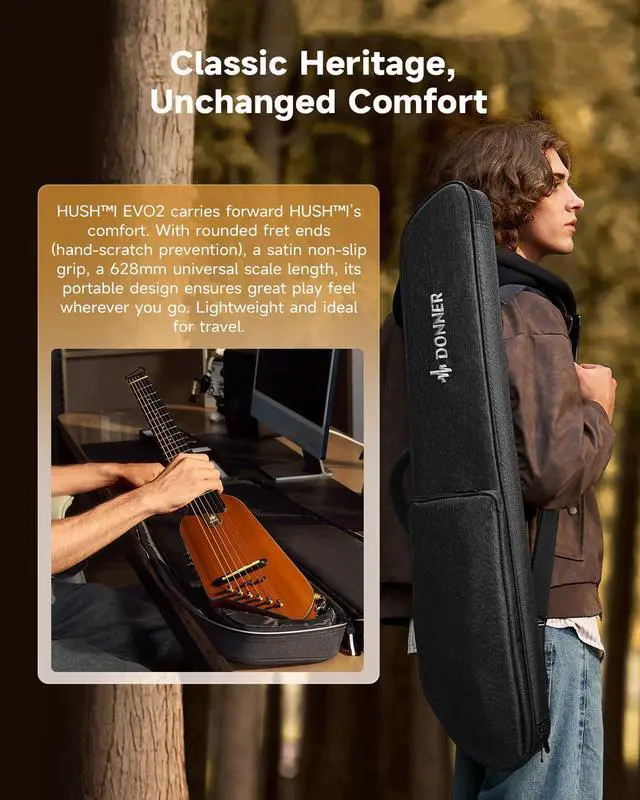 Alt view image 3 of 7 - HUSH I EVO2 Acoustic Electric Travel Guitar Portable Headless Quiet Practice Guitar, Ultra-Light, Mahogany Body with Built-in Tuner, Detachable Stands & Headphone Jack - Natural