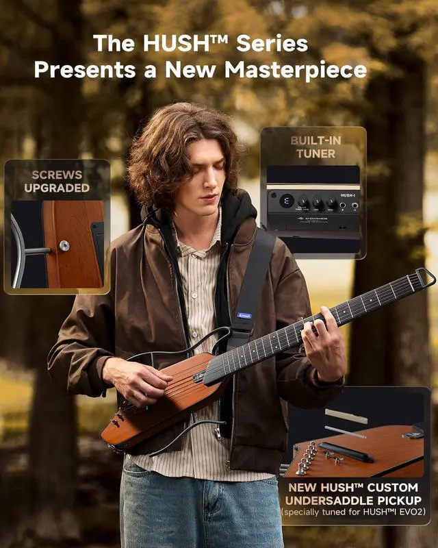 Alt view image 2 of 7 - HUSH I EVO2 Acoustic Electric Travel Guitar Portable Headless Quiet Practice Guitar, Ultra-Light, Mahogany Body with Built-in Tuner, Detachable Stands & Headphone Jack - Natural