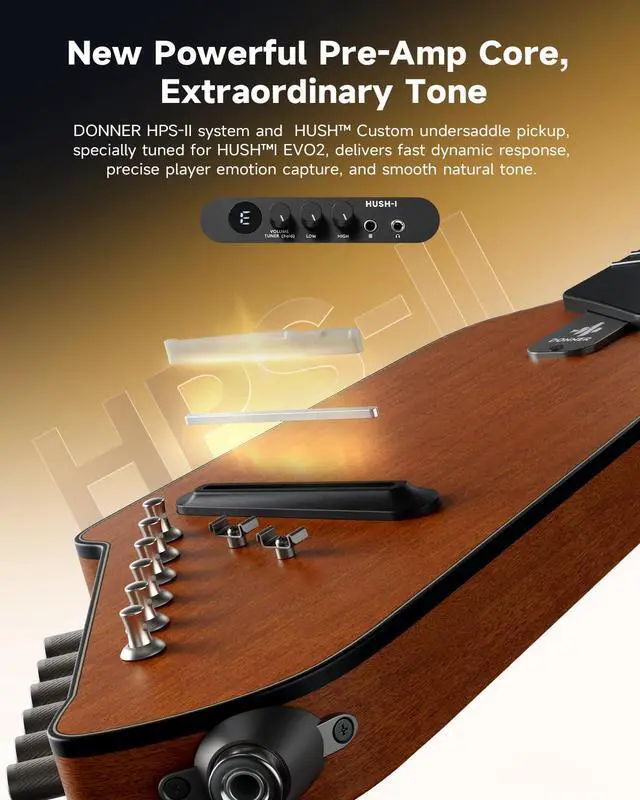 Alt view image 4 of 7 - HUSH I EVO2 Acoustic Electric Travel Guitar Portable Headless Quiet Practice Guitar, Ultra-Light, Mahogany Body with Built-in Tuner, Detachable Stands & Headphone Jack - Natural