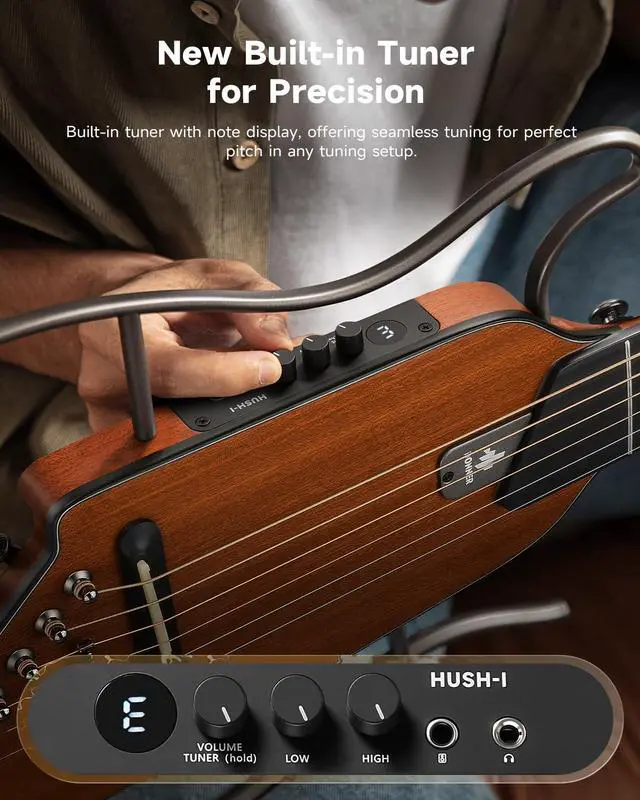 Alt view image 5 of 7 - HUSH I EVO2 Acoustic Electric Travel Guitar Portable Headless Quiet Practice Guitar, Ultra-Light, Mahogany Body with Built-in Tuner, Detachable Stands & Headphone Jack - Natural