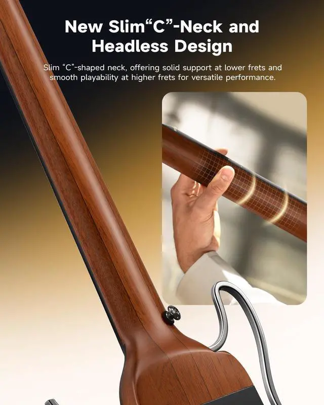 Alt view image 6 of 7 - HUSH I EVO2 Acoustic Electric Travel Guitar Portable Headless Quiet Practice Guitar, Ultra-Light, Mahogany Body with Built-in Tuner, Detachable Stands & Headphone Jack - Natural