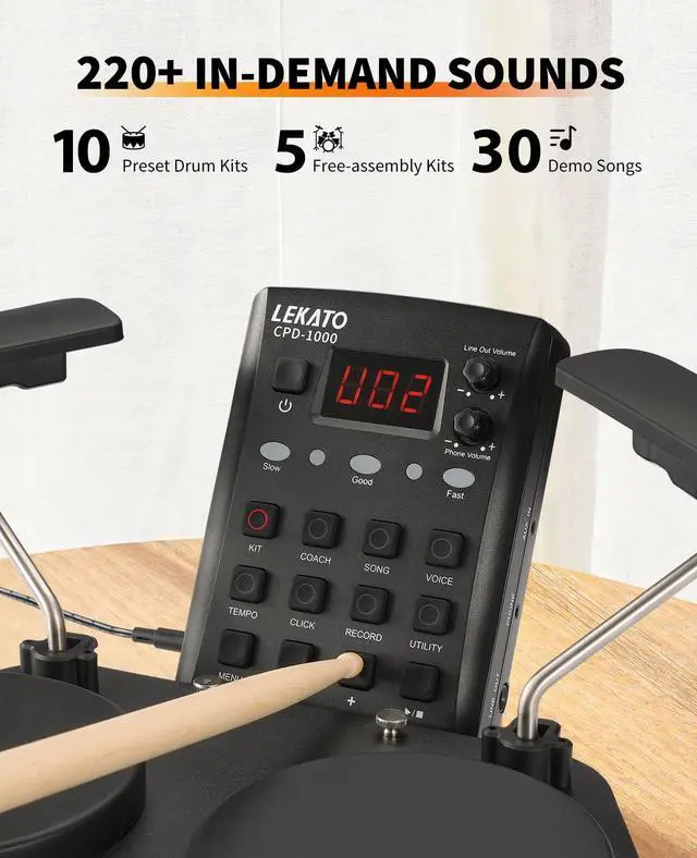 Alt view image 2 of 7 - Electronic Drum Set, Portable Electric Drum Set for Beginner with Quiet Mesh Snare Drum Pads, 220+ Sounds, USB MIDI, 2 Switch Pedal, Electric Drum Kit with Sticks, Travel Bag