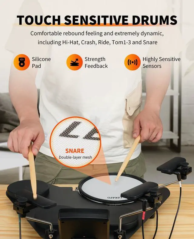 Alt view image 3 of 7 - Electronic Drum Set, Portable Electric Drum Set for Beginner with Quiet Mesh Snare Drum Pads, 220+ Sounds, USB MIDI, 2 Switch Pedal, Electric Drum Kit with Sticks, Travel Bag