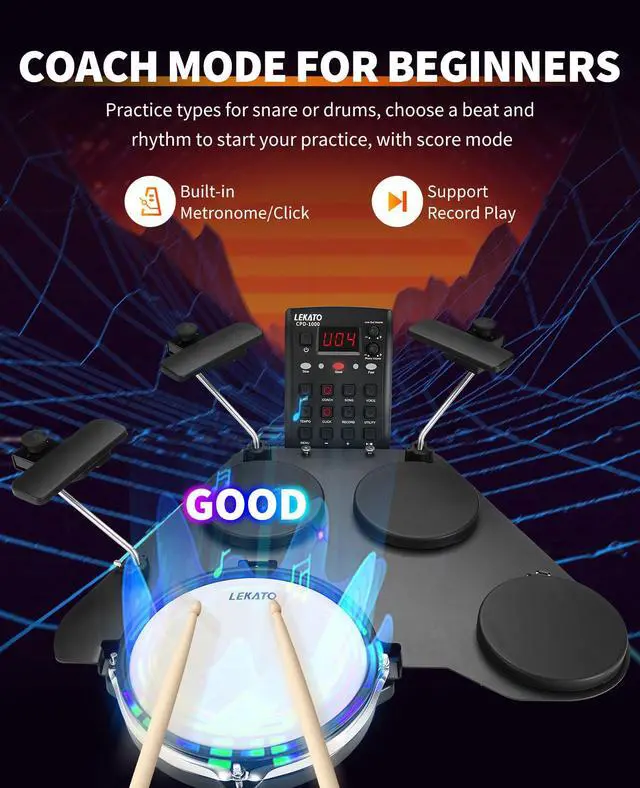 Alt view image 4 of 7 - Electronic Drum Set, Portable Electric Drum Set for Beginner with Quiet Mesh Snare Drum Pads, 220+ Sounds, USB MIDI, 2 Switch Pedal, Electric Drum Kit with Sticks, Travel Bag
