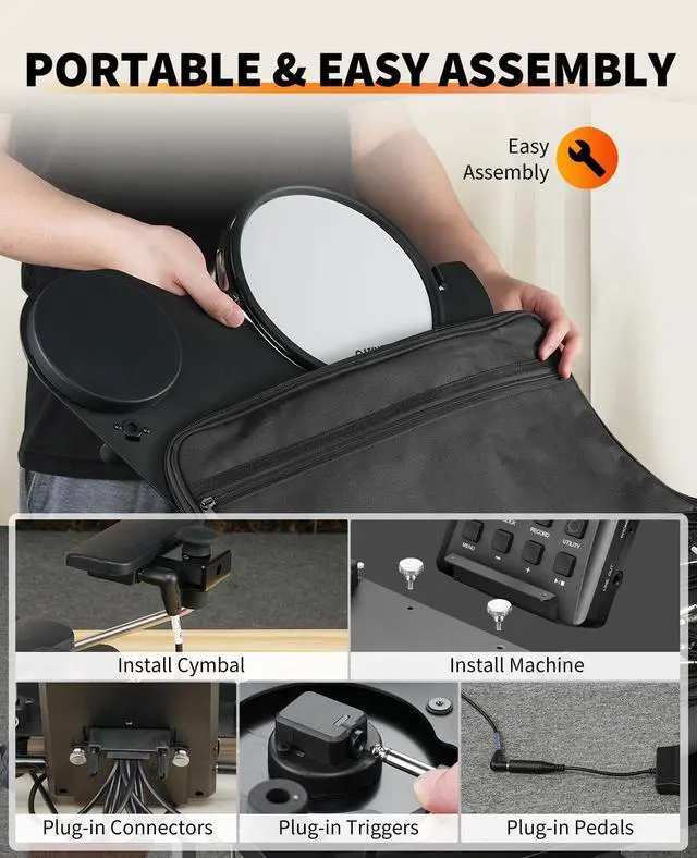 Alt view image 6 of 7 - Electronic Drum Set, Portable Electric Drum Set for Beginner with Quiet Mesh Snare Drum Pads, 220+ Sounds, USB MIDI, 2 Switch Pedal, Electric Drum Kit with Sticks, Travel Bag