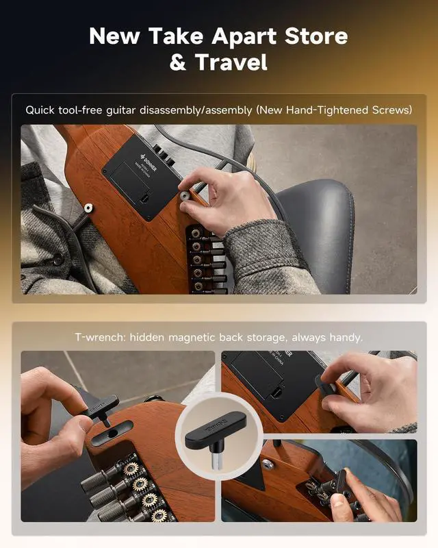 Alt view image 7 of 7 - HUSH I EVO2 Acoustic Electric Travel Guitar Portable Headless Quiet Practice Guitar, Ultra-Light, Mahogany Body with Built-in Tuner, Detachable Stands & Headphone Jack - Natural
