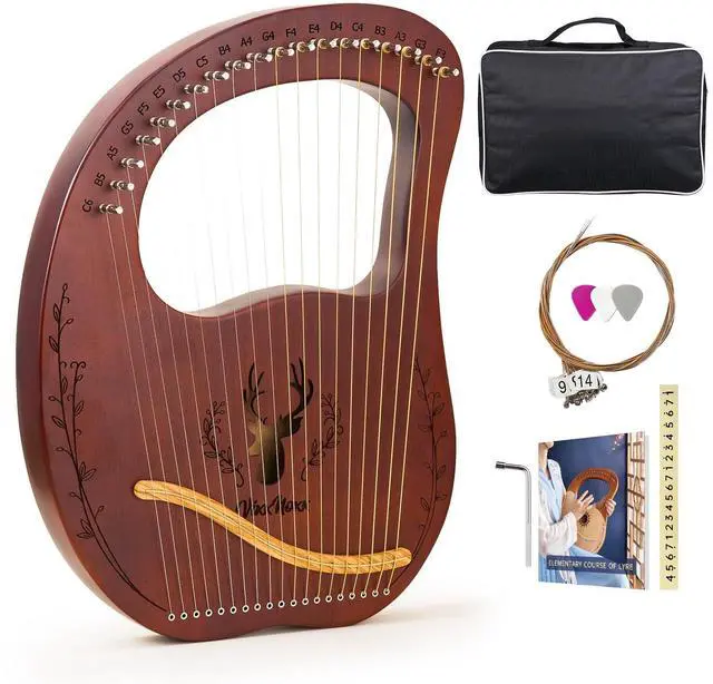 Main image of Lyre Harp, 19-String Mahogany Lyra Harp Kit, Stringed Musical Instruments with Tuning Wrench Bag Instructions Extra Strings for Beginners Adults