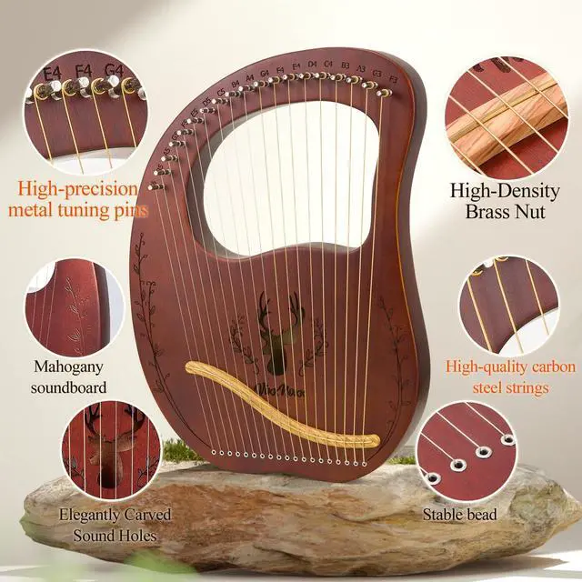 Alt view image 2 of 7 - Lyre Harp, 19-String Mahogany Lyra Harp Kit, Stringed Musical Instruments with Tuning Wrench Bag Instructions Extra Strings for Beginners Adults