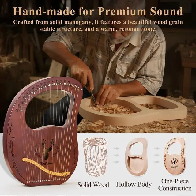 Alt view image 3 of 7 - Lyre Harp, 19-String Mahogany Lyra Harp Kit, Stringed Musical Instruments with Tuning Wrench Bag Instructions Extra Strings for Beginners Adults