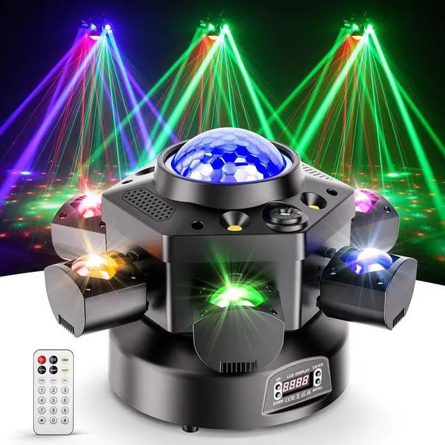 Main image of Moving Head DJ Lights, 120W 6-Arm RGBW 4-in-1 Stage Lights with Kaleidoscope Magic Ball Effect, Red/Green Starry Laser, White/Golden Strobe, 540° Rotation, DMX512 Remote Control for Wedding Club Party