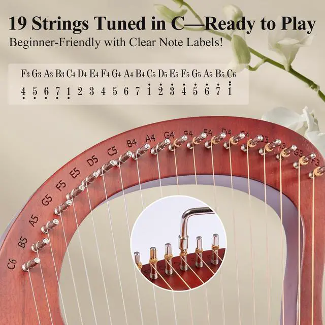 Alt view image 5 of 7 - Lyre Harp, 19-String Mahogany Lyra Harp Kit, Stringed Musical Instruments with Tuning Wrench Bag Instructions Extra Strings for Beginners Adults