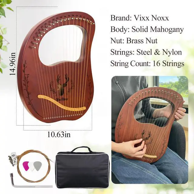 Alt view image 6 of 7 - Lyre Harp, 19-String Mahogany Lyra Harp Kit, Stringed Musical Instruments with Tuning Wrench Bag Instructions Extra Strings for Beginners Adults