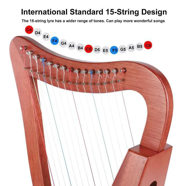 Alt view image 5 of 7 - Harp Instrument 15 string Lyre International Standard Nylon Strings | solid mahogany body,rich soft tone,easy to tune and play,beginner friendly harp for meditation yoga & daily music practice