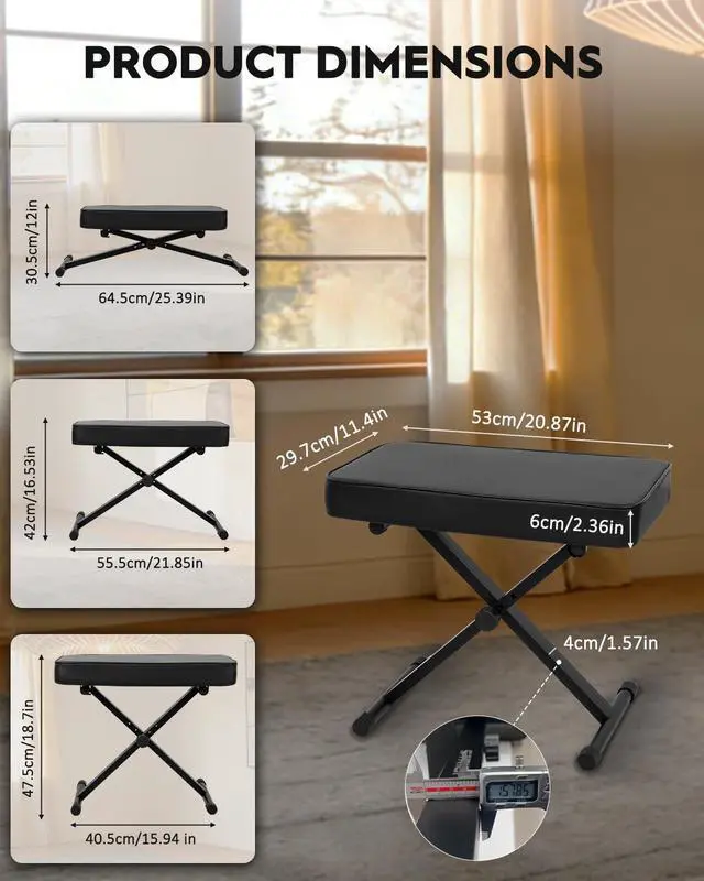Alt view image 6 of 7 - Collapsible Piano Keyboard Stand & Bench Set, Portable Digital Piano Stand for 54-88 Key Electric Pianos & X-Style Piano Bench, Music Keyboard Bench Seat, Chair, Black, SKT-01 & SPB-M10
