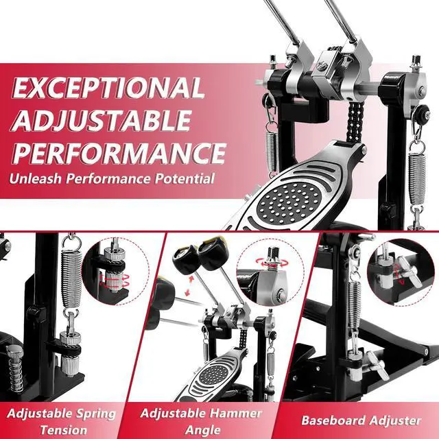 Alt view image 3 of 7 - Double Bass Drum Pedal, Double Chain Drive Kick Pedal with Adjustable Beater | Durable Metal Frame, Adjustable Tension and Beater for Customized Control, Fits Drum Sets and Electronic Drums