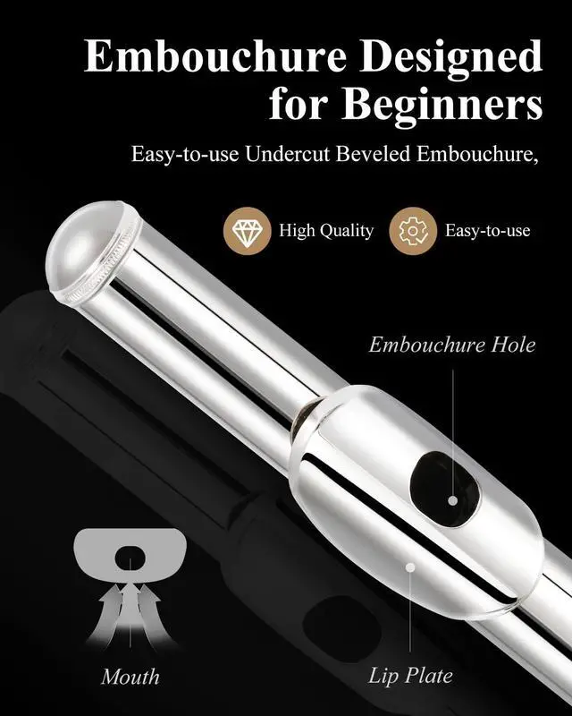Alt view image 2 of 7 - Closed Hole 16 Keys Flute for Beginner Kids Student with Cleaning Kit, Stand, Case, Gloves, Tuning Rod, Nickel, EFL-1