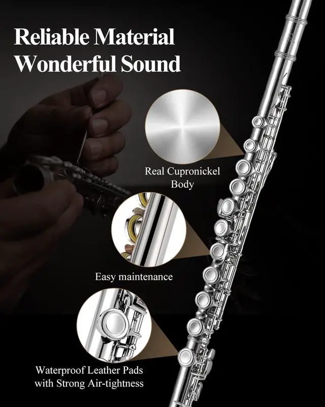 Alt view image 3 of 7 - Closed Hole 16 Keys Flute for Beginner Kids Student with Cleaning Kit, Stand, Case, Gloves, Tuning Rod, Nickel, EFL-1