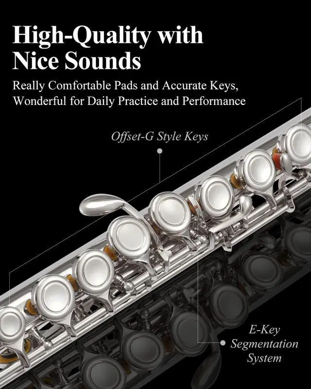 Alt view image 4 of 7 - Closed Hole 16 Keys Flute for Beginner Kids Student with Cleaning Kit, Stand, Case, Gloves, Tuning Rod, Nickel, EFL-1