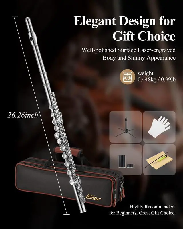 Alt view image 6 of 7 - Closed Hole 16 Keys Flute for Beginner Kids Student with Cleaning Kit, Stand, Case, Gloves, Tuning Rod, Nickel, EFL-1