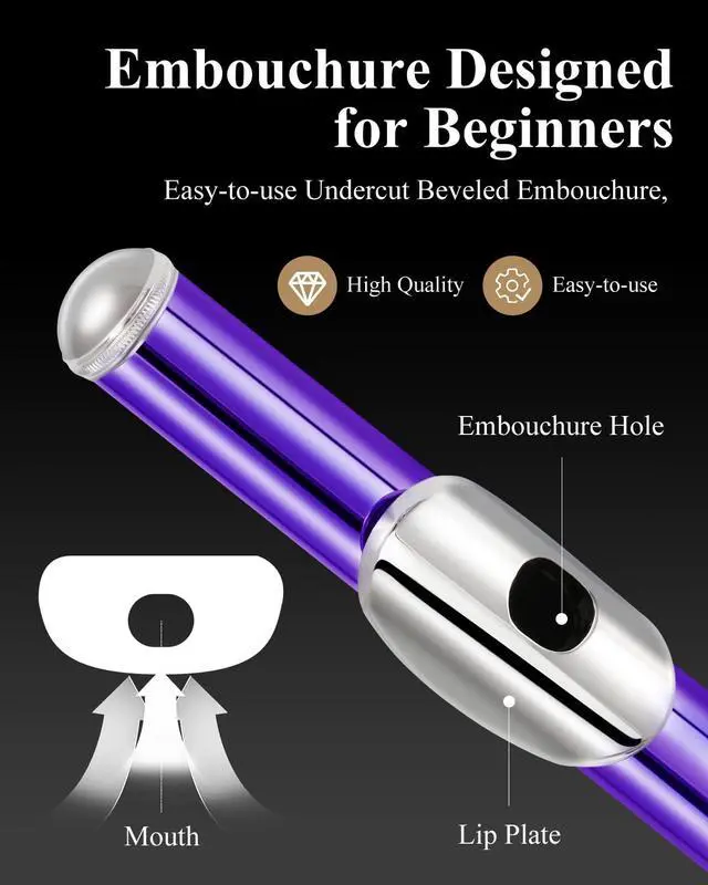 Alt view image 2 of 7 - Closed Hole 16 Keys Flute for Beginner Kids Student with Fingering Chart, Cleaning Kit, Stand, Case, Gloves, Tuning Rod, Purple, EFL-1Pu