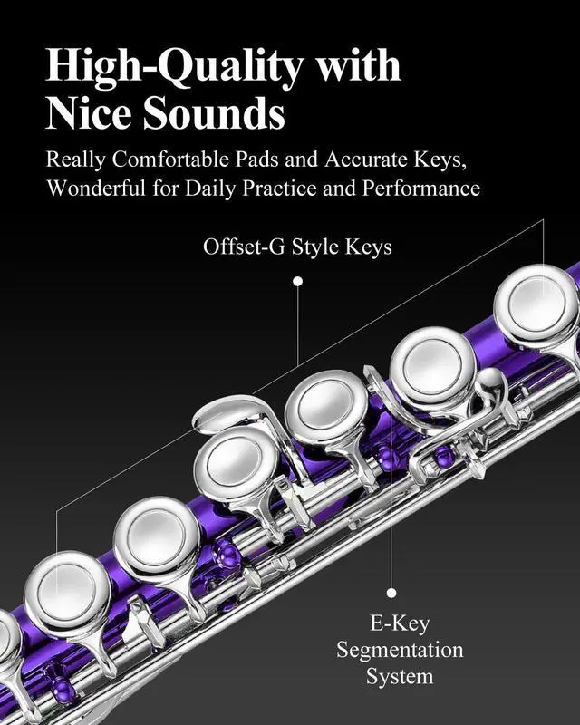 Alt view image 3 of 7 - Closed Hole 16 Keys Flute for Beginner Kids Student with Fingering Chart, Cleaning Kit, Stand, Case, Gloves, Tuning Rod, Purple, EFL-1Pu