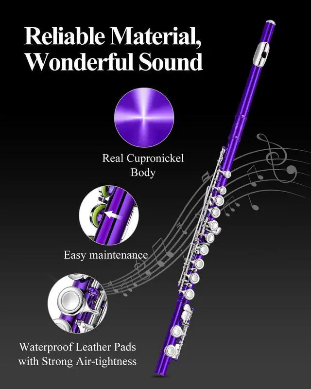 Alt view image 5 of 7 - Closed Hole 16 Keys Flute for Beginner Kids Student with Fingering Chart, Cleaning Kit, Stand, Case, Gloves, Tuning Rod, Purple, EFL-1Pu