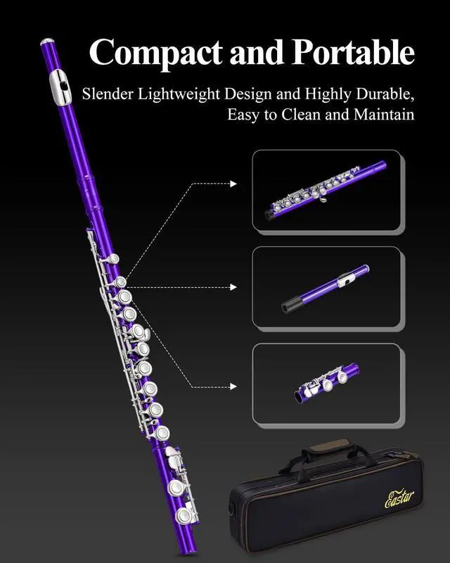 Alt view image 7 of 7 - Closed Hole 16 Keys Flute for Beginner Kids Student with Fingering Chart, Cleaning Kit, Stand, Case, Gloves, Tuning Rod, Purple, EFL-1Pu