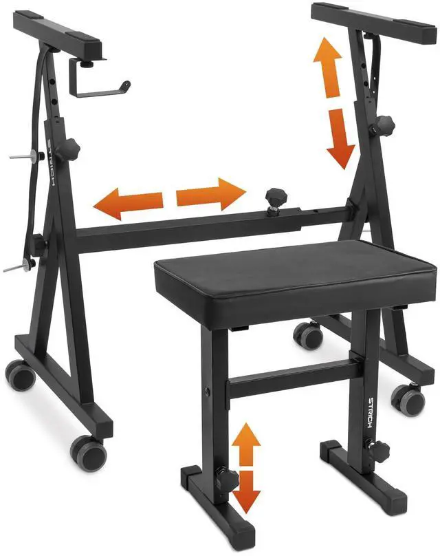 Main image of Piano Keyboard Stand Stool Set, Portable Heavy Duty Stand for 54-88 Key Electric Digital Pianos & Adjustable Piano Bench, Chair, Black, SKT-02 & SPB-M50