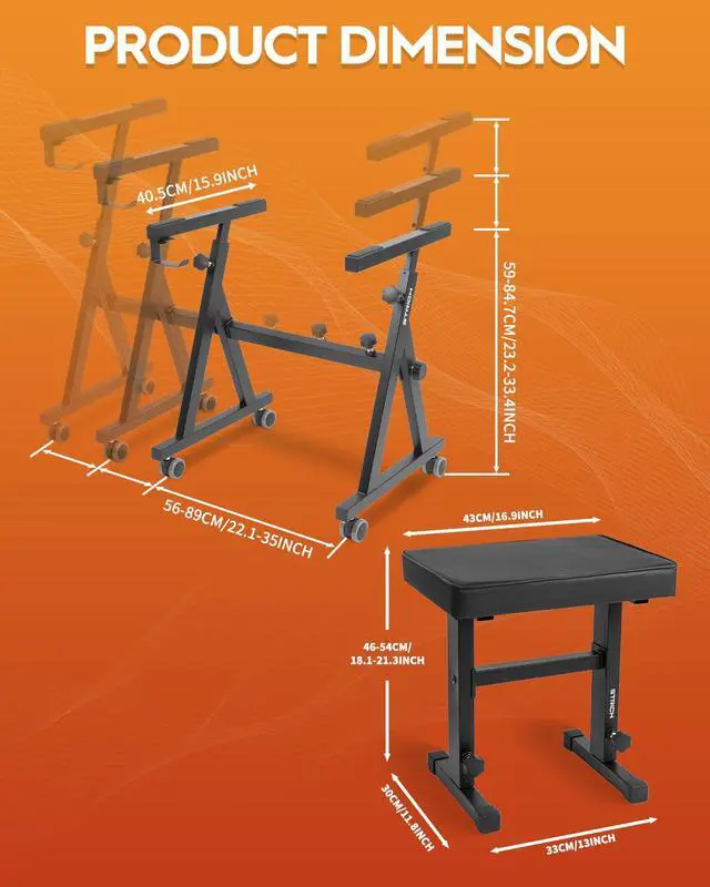 Alt view image 2 of 7 - Piano Keyboard Stand Stool Set, Portable Heavy Duty Stand for 54-88 Key Electric Digital Pianos & Adjustable Piano Bench, Chair, Black, SKT-02 & SPB-M50