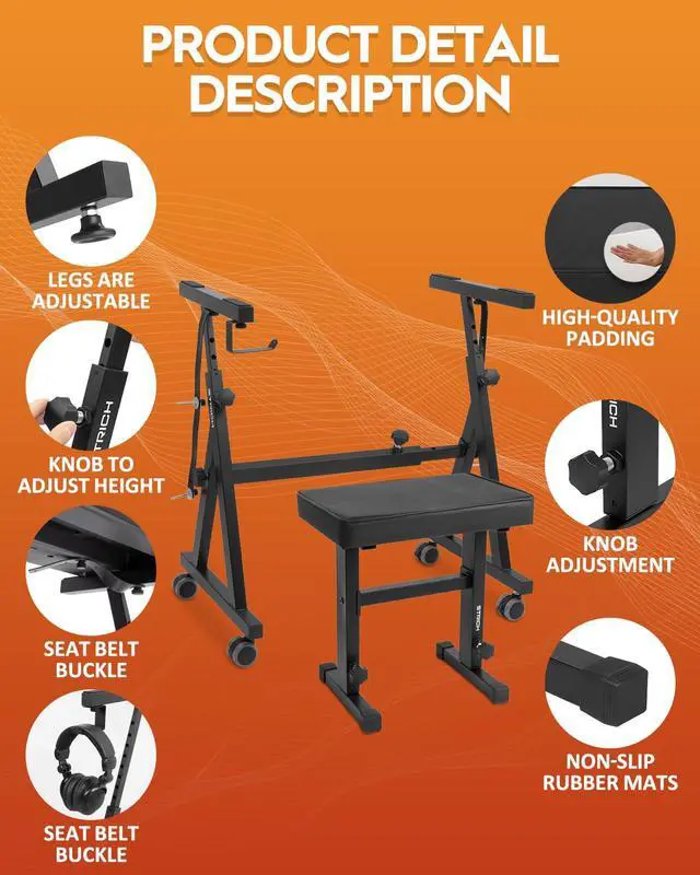 Alt view image 3 of 7 - Piano Keyboard Stand Stool Set, Portable Heavy Duty Stand for 54-88 Key Electric Digital Pianos & Adjustable Piano Bench, Chair, Black, SKT-02 & SPB-M50