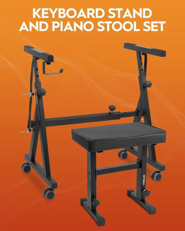 Alt view image 5 of 7 - Piano Keyboard Stand Stool Set, Portable Heavy Duty Stand for 54-88 Key Electric Digital Pianos & Adjustable Piano Bench, Chair, Black, SKT-02 & SPB-M50