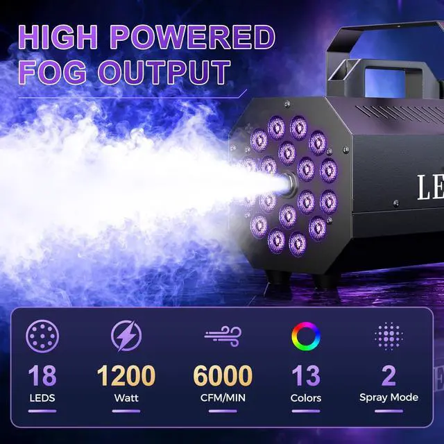 Alt view image 2 of 7 - 1200W Fog Machine, 6000CFM Smoke Machine with 18 LED Lights, 13 Colorful LED Lights Effect, Wired And Wireless Remote Controls, Ideal for Indoor, Outdoor, Wedding, Halloween Parties and DJ Stage