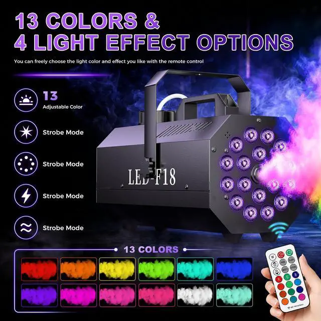 Alt view image 3 of 7 - 1200W Fog Machine, 6000CFM Smoke Machine with 18 LED Lights, 13 Colorful LED Lights Effect, Wired And Wireless Remote Controls, Ideal for Indoor, Outdoor, Wedding, Halloween Parties and DJ Stage