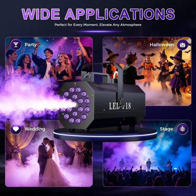 Alt view image 5 of 7 - 1200W Fog Machine, 6000CFM Smoke Machine with 18 LED Lights, 13 Colorful LED Lights Effect, Wired And Wireless Remote Controls, Ideal for Indoor, Outdoor, Wedding, Halloween Parties and DJ Stage