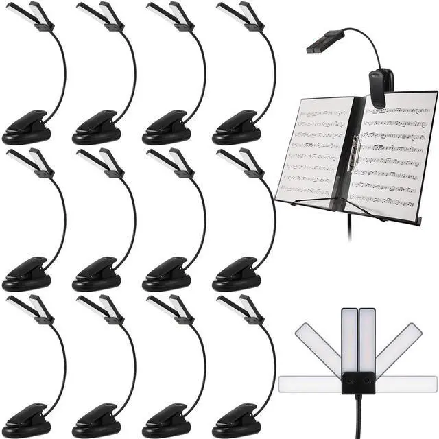 Main image of 12 Pcs Music Stand Lights Clip on Reading Lights,Double-lamp Style | Dual Heads, Book Light in Bed, USB and AAA Battery Operated, LED Lamp, 3 Brightness Level, for Musician, Battery Not Included
