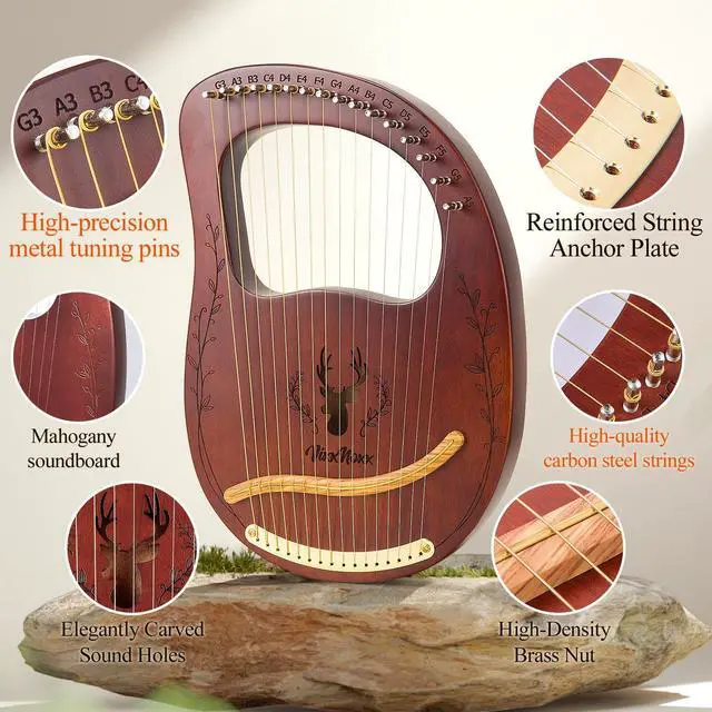 Alt view image 2 of 7 - Lyre Harp, 16-String Mahogany Lyra Harp Kit, Stringed Musical Instruments with Tuning Wrench Bag Instructions Extra Strings for Beginners Adults