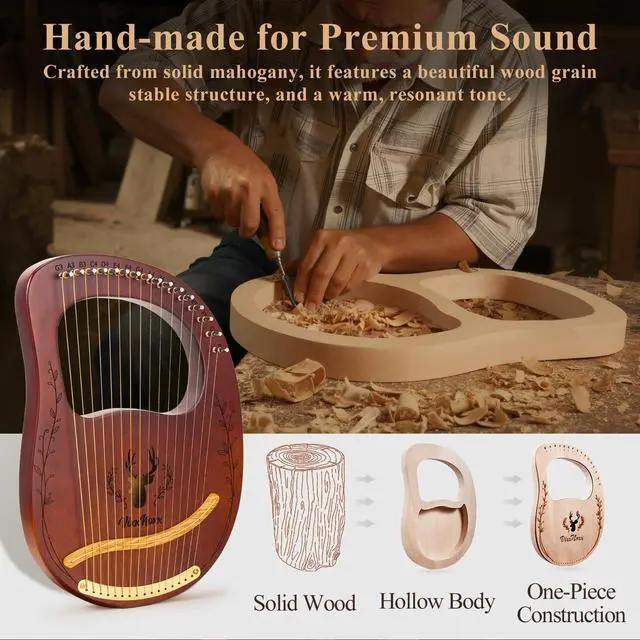 Alt view image 3 of 7 - Lyre Harp, 16-String Mahogany Lyra Harp Kit, Stringed Musical Instruments with Tuning Wrench Bag Instructions Extra Strings for Beginners Adults