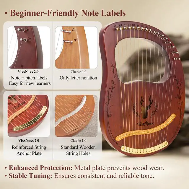 Alt view image 4 of 7 - Lyre Harp, 16-String Mahogany Lyra Harp Kit, Stringed Musical Instruments with Tuning Wrench Bag Instructions Extra Strings for Beginners Adults