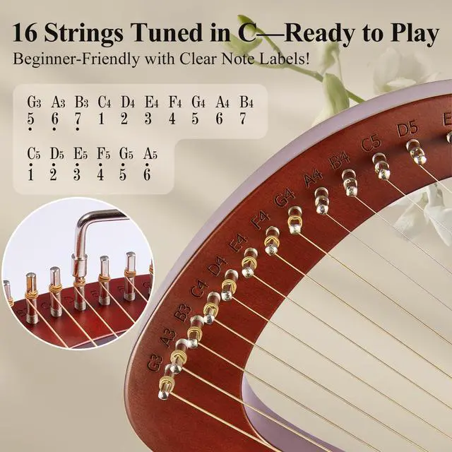 Alt view image 5 of 7 - Lyre Harp, 16-String Mahogany Lyra Harp Kit, Stringed Musical Instruments with Tuning Wrench Bag Instructions Extra Strings for Beginners Adults