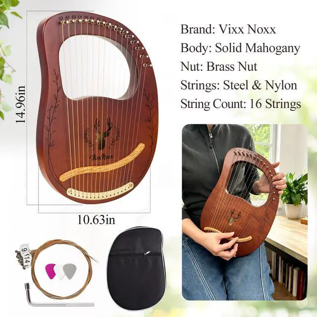 Alt view image 6 of 7 - Lyre Harp, 16-String Mahogany Lyra Harp Kit, Stringed Musical Instruments with Tuning Wrench Bag Instructions Extra Strings for Beginners Adults