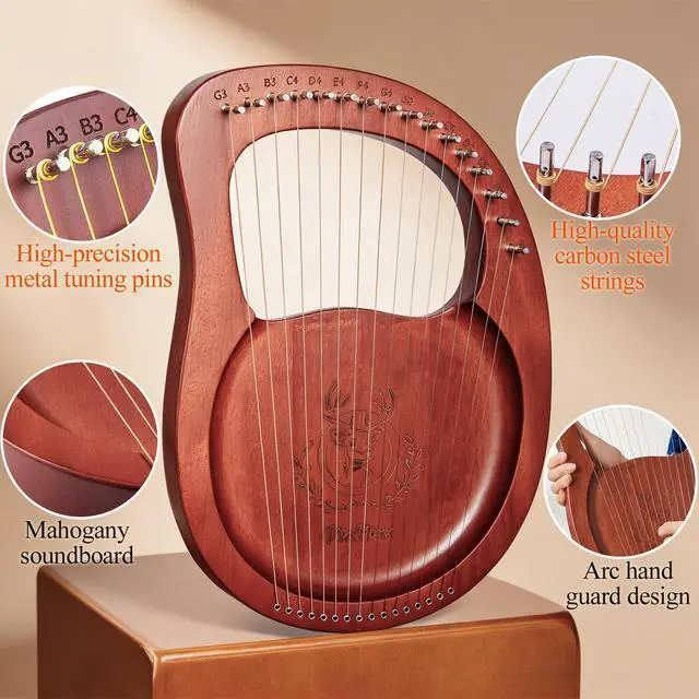 Alt view image 2 of 7 - Lyre Harp, 16-String Mahogany Lyra Harp Kit, Stringed Musical Instruments with Tuning Wrench Bag Instructions Extra Strings for Beginners Adults