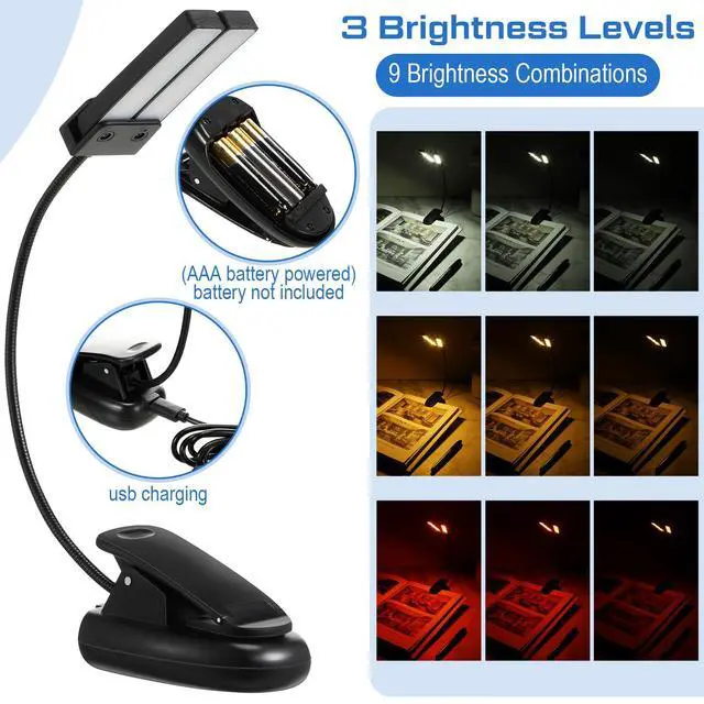 Alt view image 2 of 6 - 12 Pcs Music Stand Lights Clip on Reading Lights,Double-lamp Style | Dual Heads, Book Light in Bed, USB and AAA Battery Operated, LED Lamp, 3 Brightness Level, for Musician, Battery Not Included